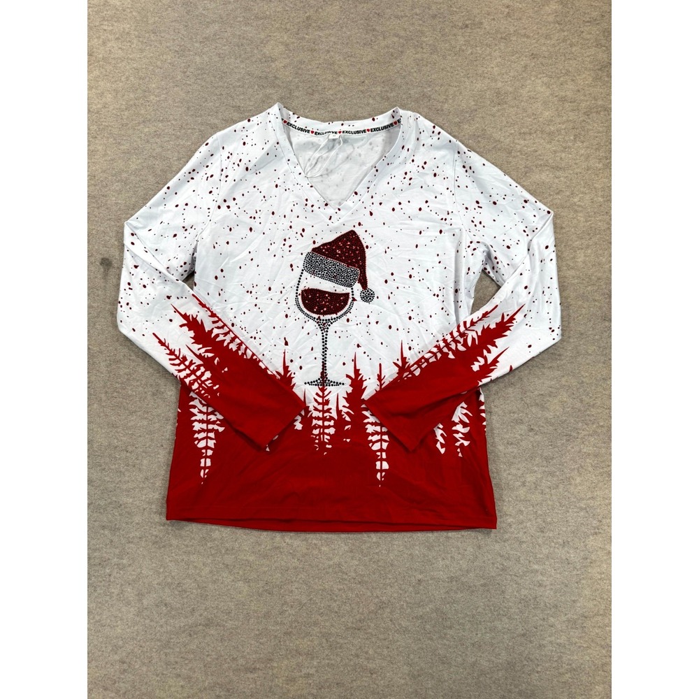 Exclusive Fashion Christmas Shirt Womens Medium White Red Wine Glass Graphic